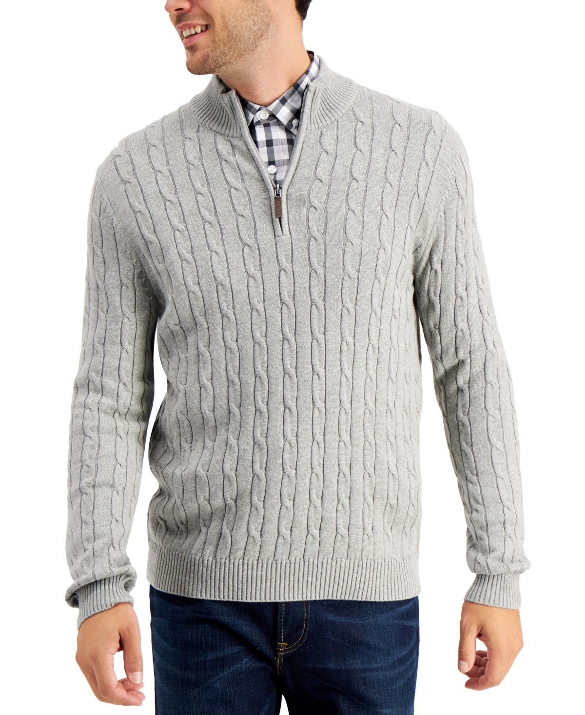 Club Room Mens Cable-Knit Quarter-Zip Sweater Grey XL