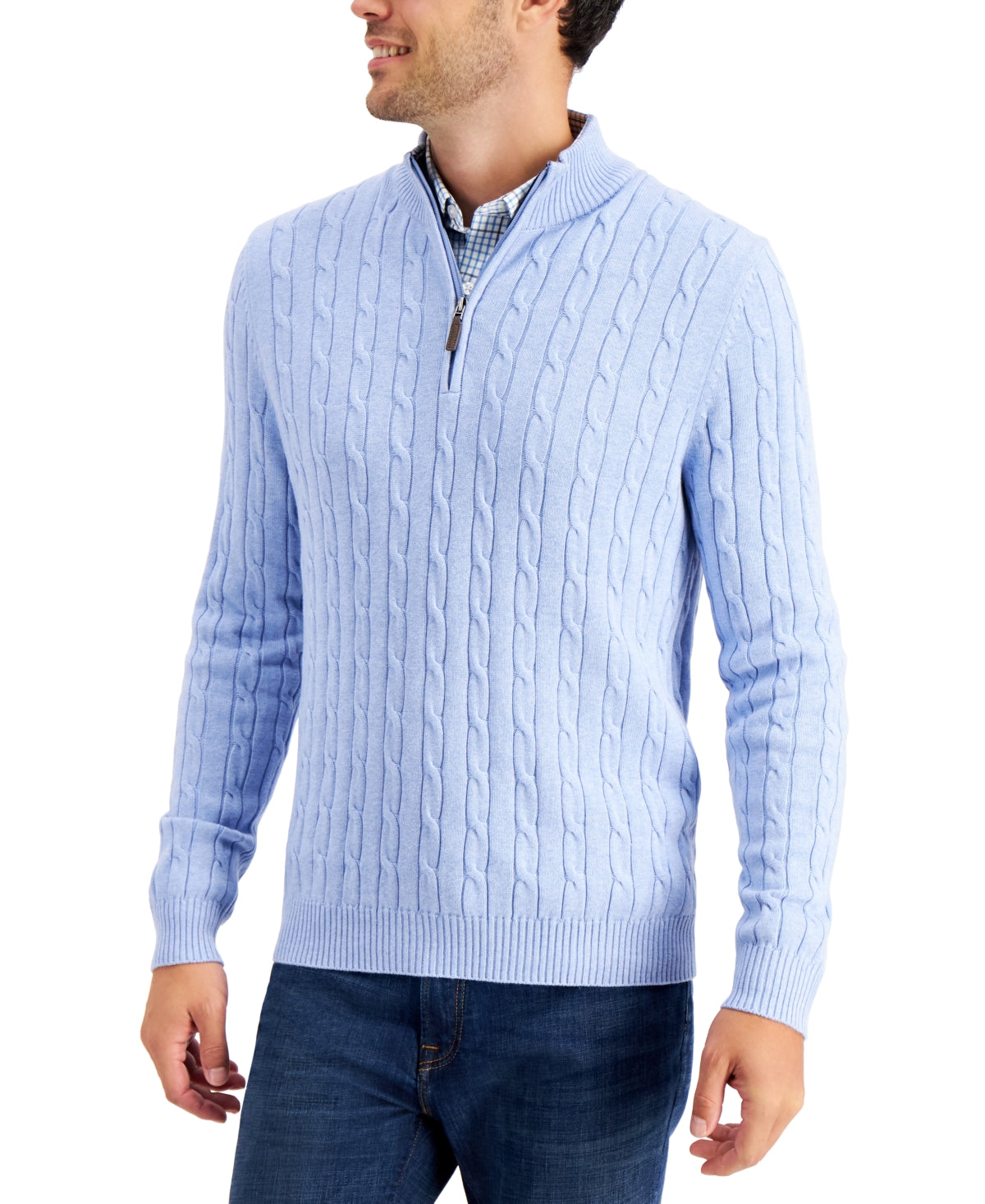Club Room Men's Cable-Knit Quarter-Zip Sweater Blue Heather Medium
