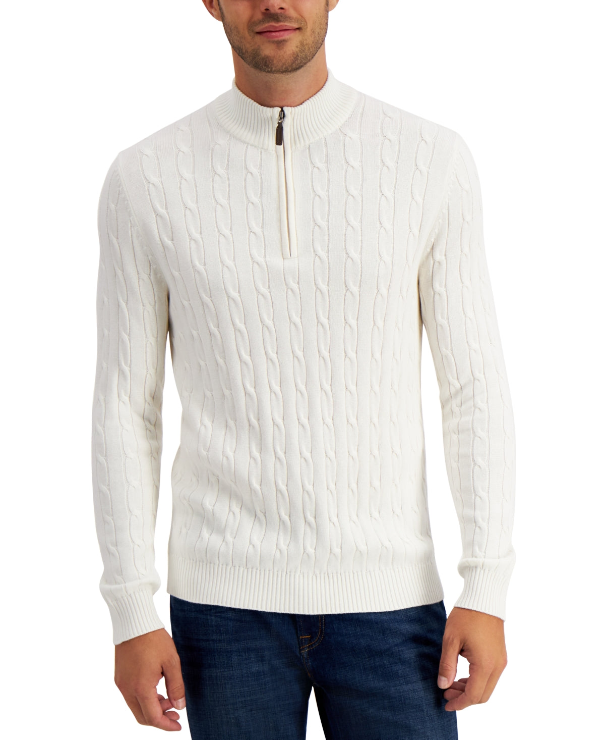 Club Room Mens Cable-Knit Quarter-Zip Sweater Winter Ivory Large