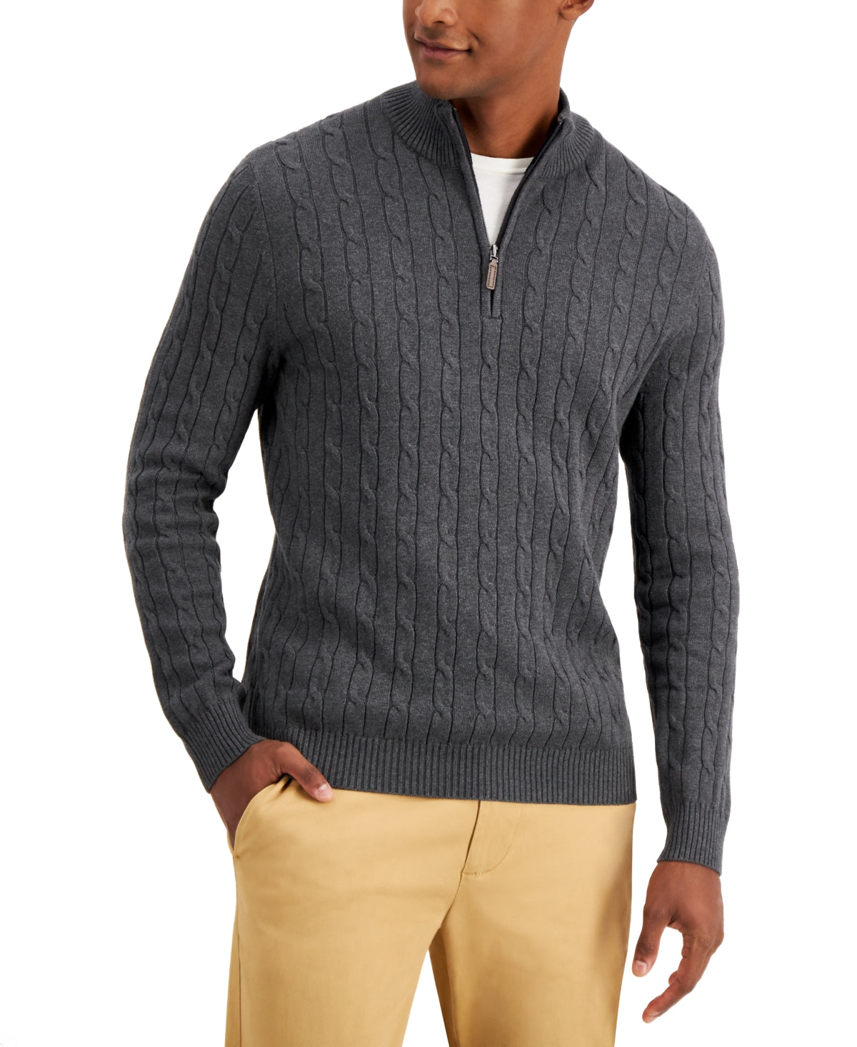 Club Room Mens Cable-Knit Quarter-Zip Charcoal Heather Large