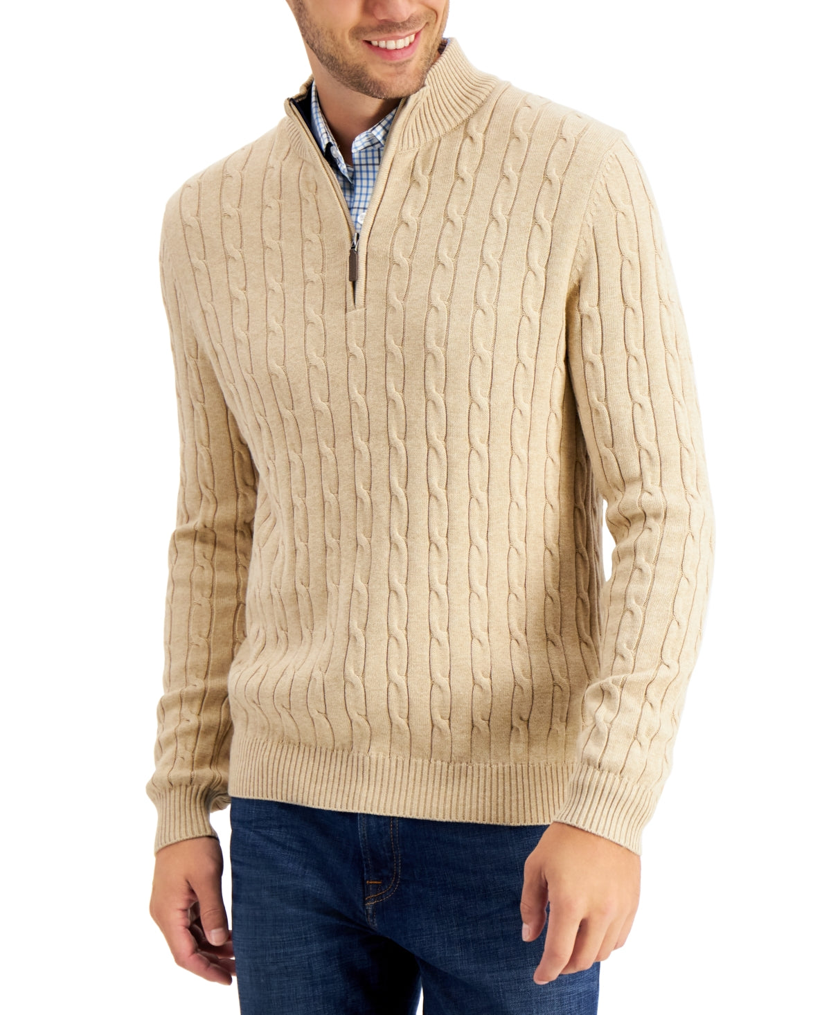 Club Room Men's Cable-Knit Quarter-Zip Sweater 2XL XXL Light Brown Cotton