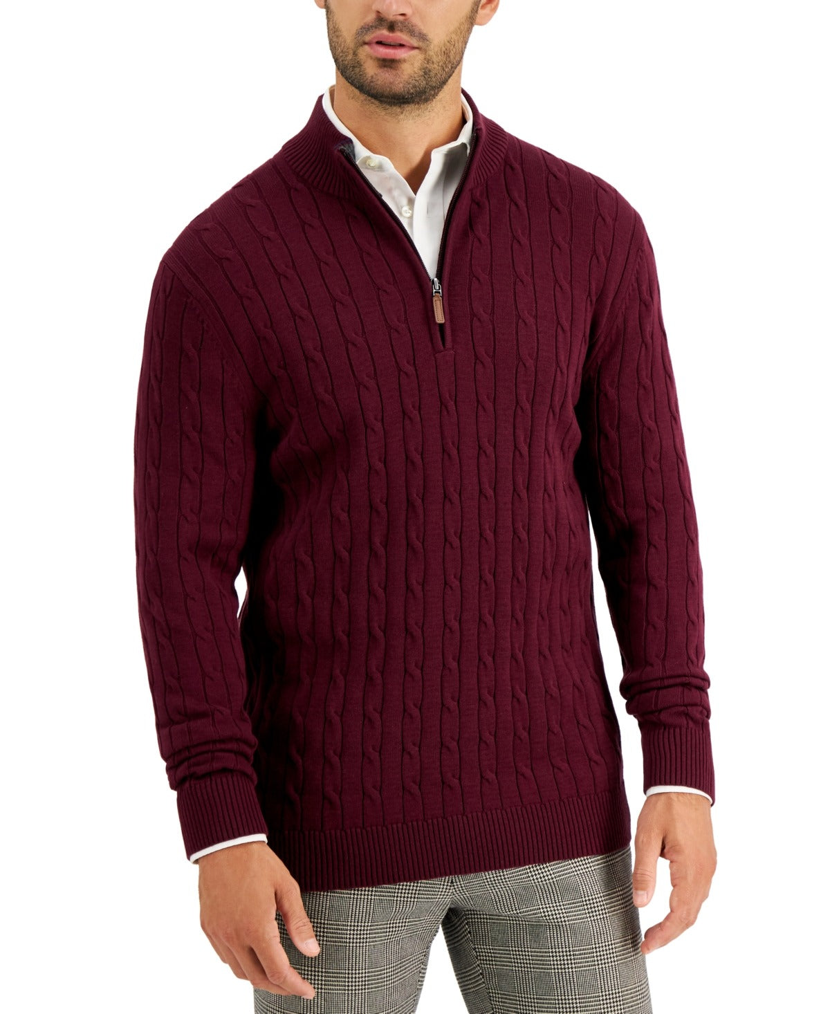 Club Room Men's Cable Knit Quarter-Zip Cotton Sweater Small Red Plum
