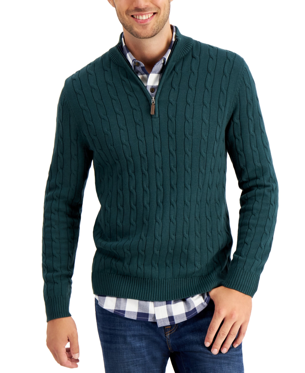 Club Room Mens Cable-Knit Quarter-Zip Sweater Pine Grove Green Large