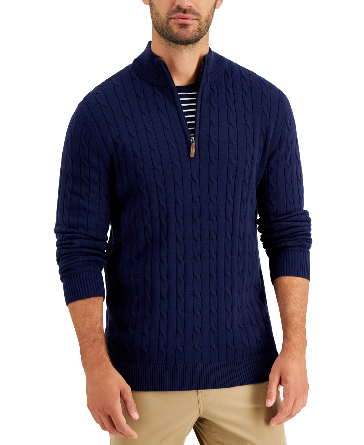Club Room Mens Cable Knit Quarter Zip Sweater Navy Blue XL Cotton
