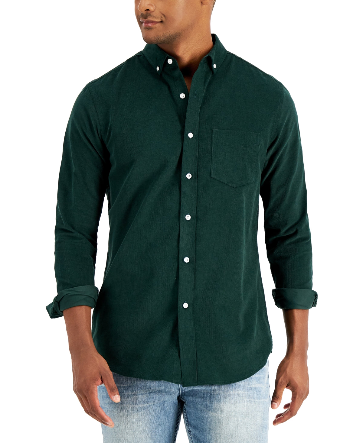 CLUB ROOM Men's Regular-Fit Stretch Corduroy Shirt Green Medium