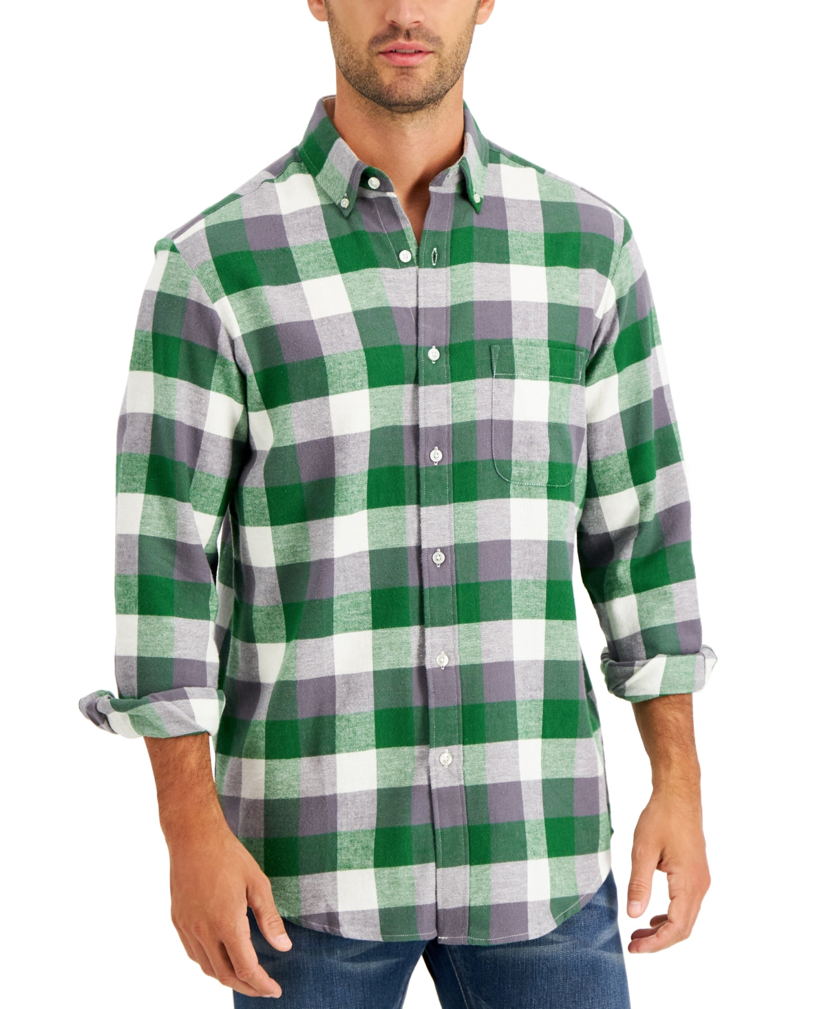 Club Room Mens Button Down Shirt Buffalo Plaid Green Medium