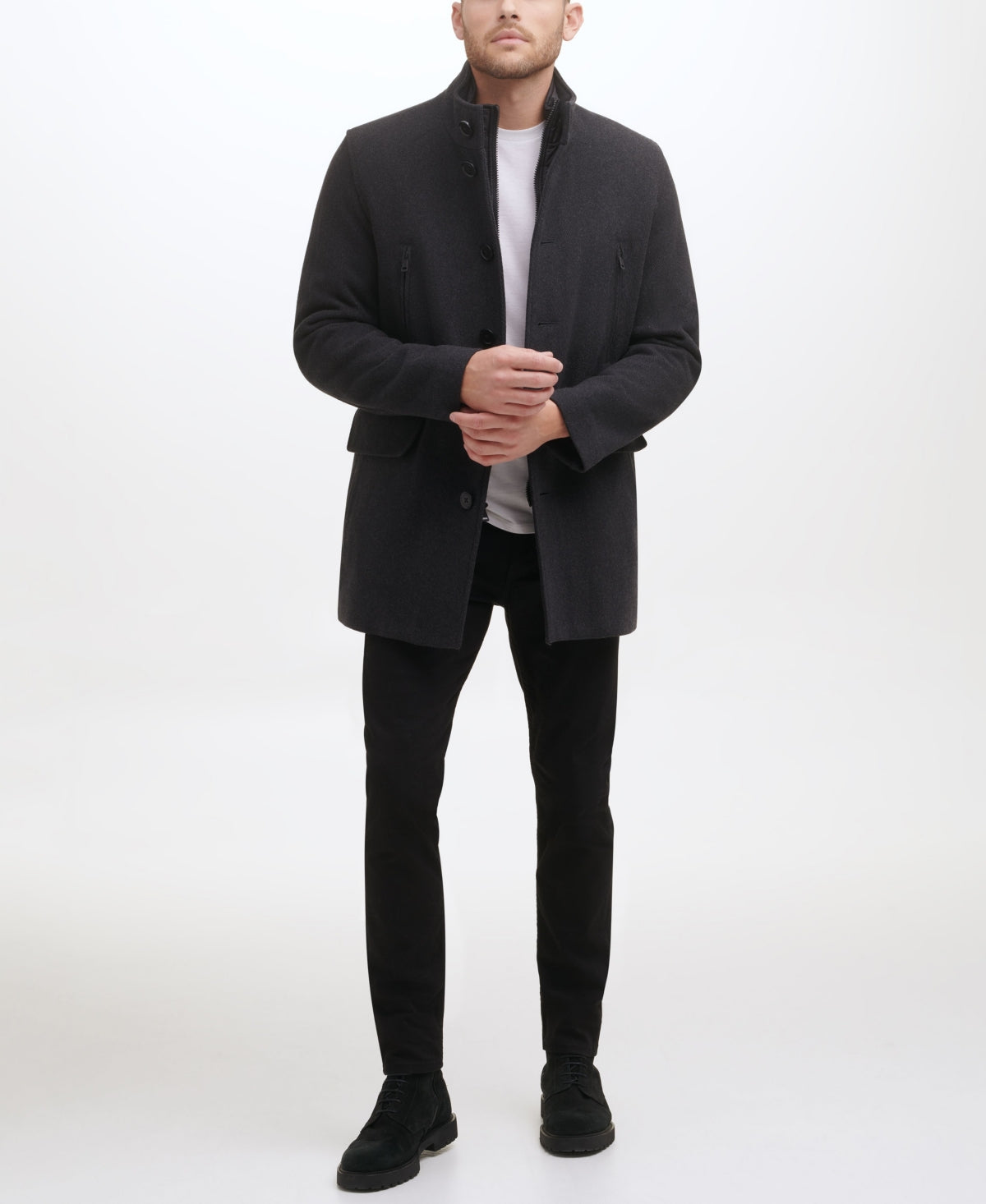 Cole Haan Men's Wool Twill Stand Collar Topper with Nylon Bib Coat XL Black