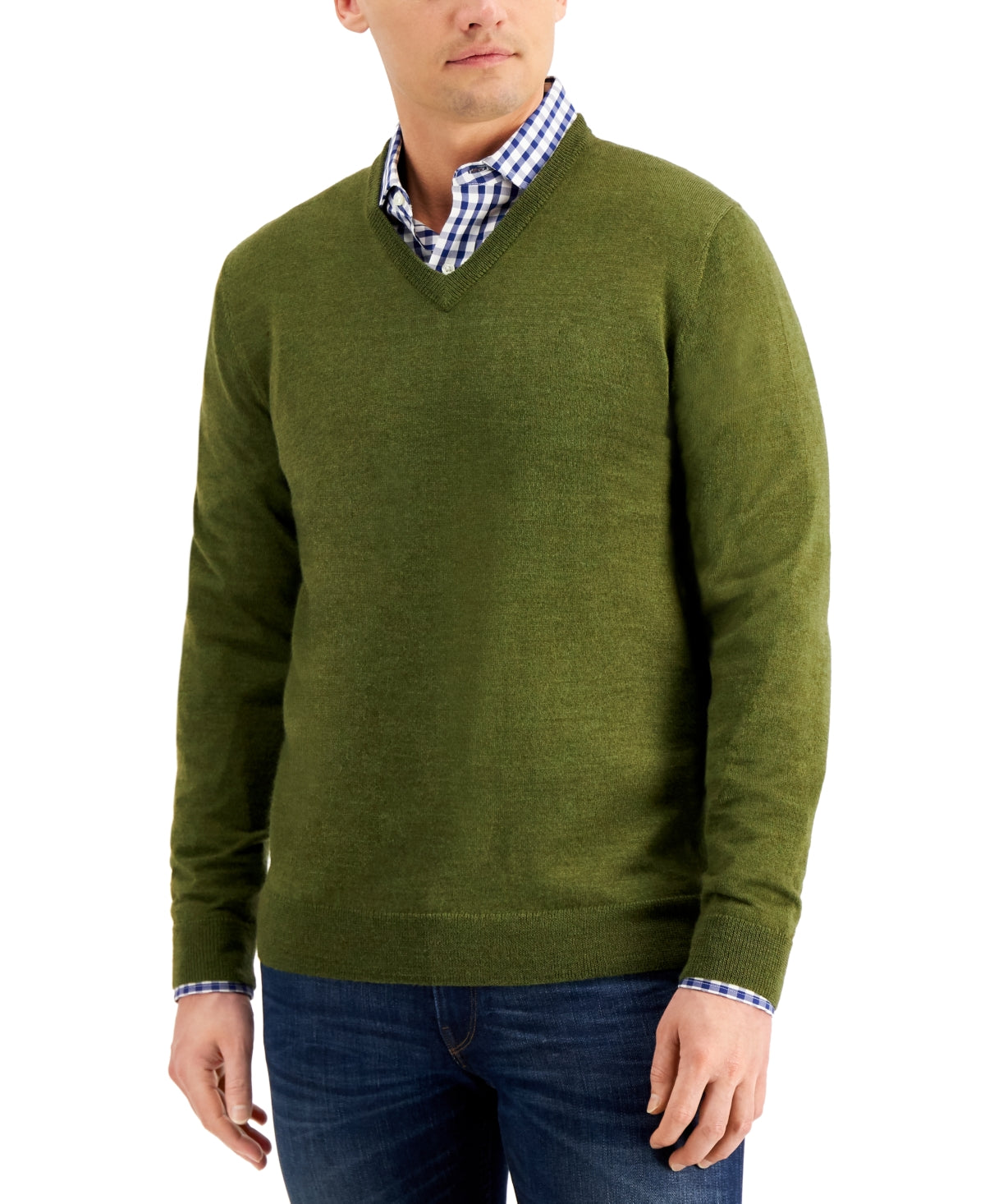Club Room Men's Regular Fit Solid V Neck Sweater Olive Mist Green Large