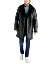 GUESS Mens Pleather Double Breasted Coat Faux Shearling Cuff Collar Black 2XL