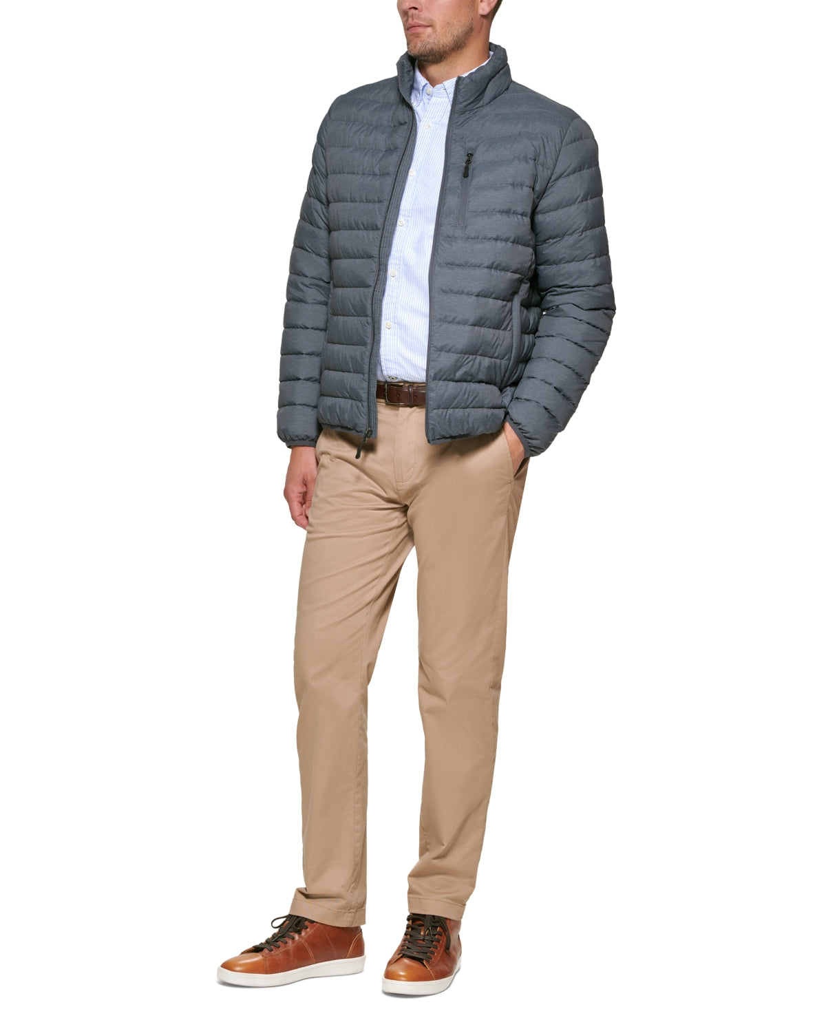 Club Room Mens Puffer Jacket Coat XL Heather Grey Packable Solid