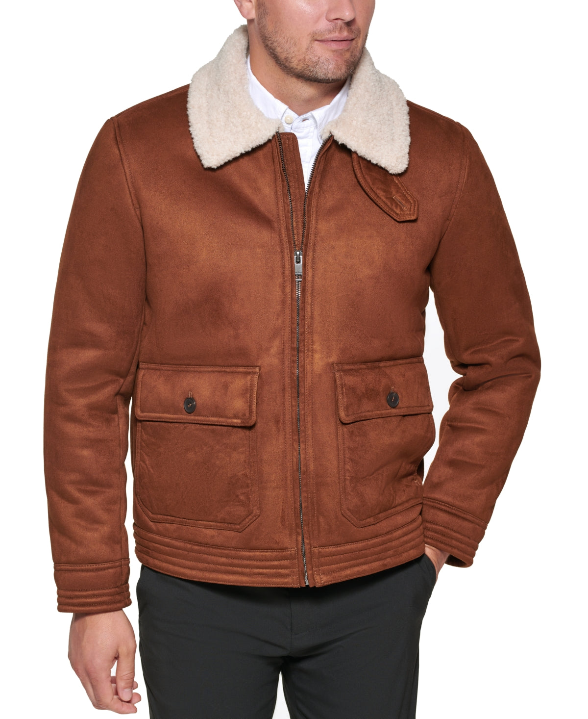Club Room Men's Regular Fit Faux Suede Jacket Brown Beige Large