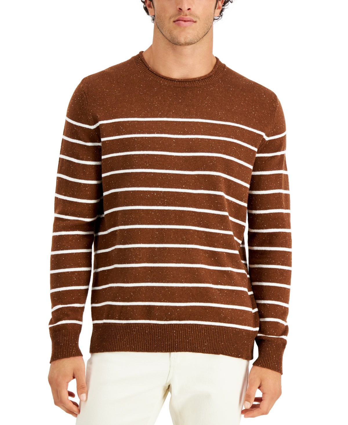 Club Room Men's Brown Striped Crewneck Sweater Brown White 2XL