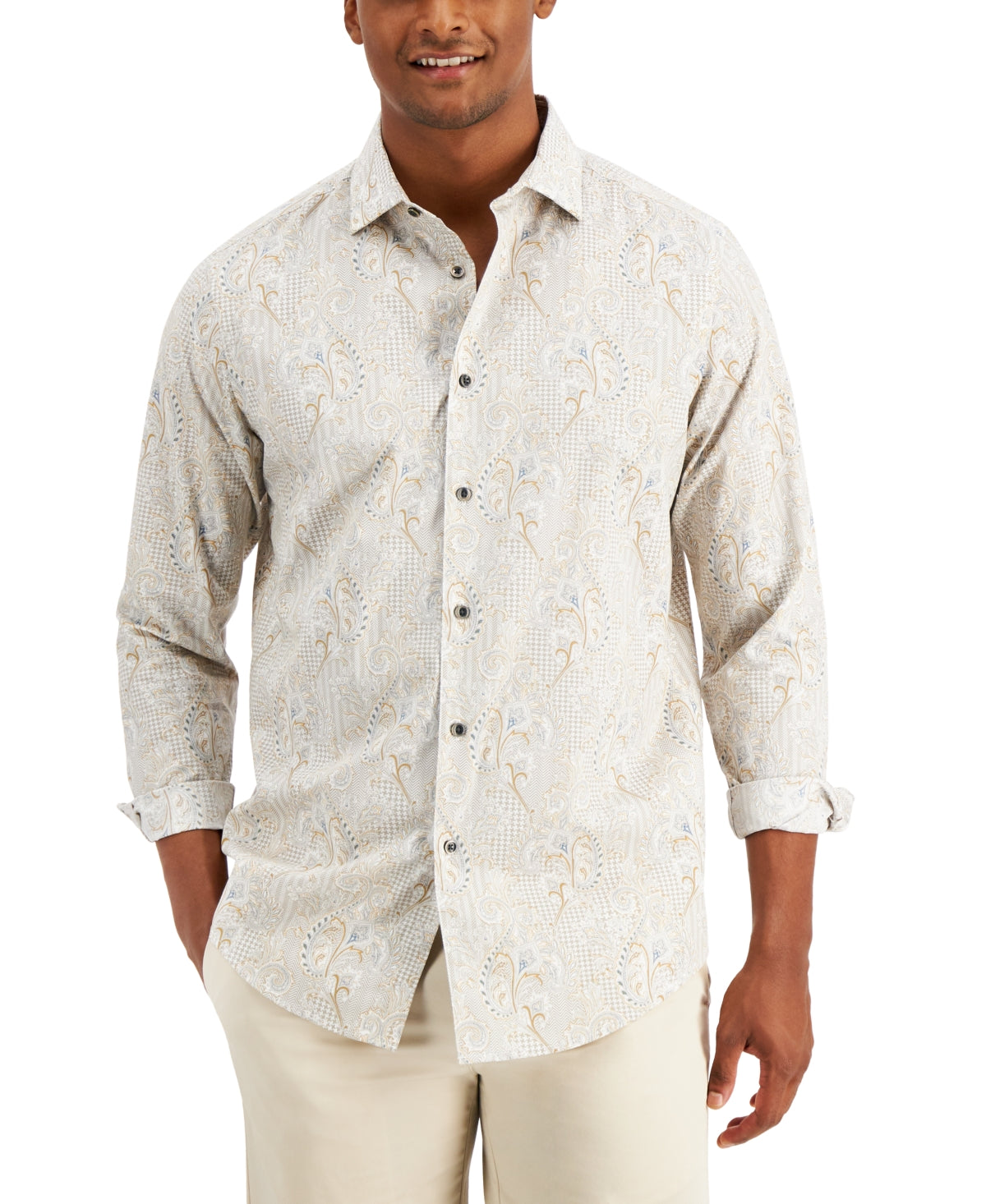 Alfani Men's Regular Fit Stretch Paisley Shirt Button Down Shirt Grey Medium