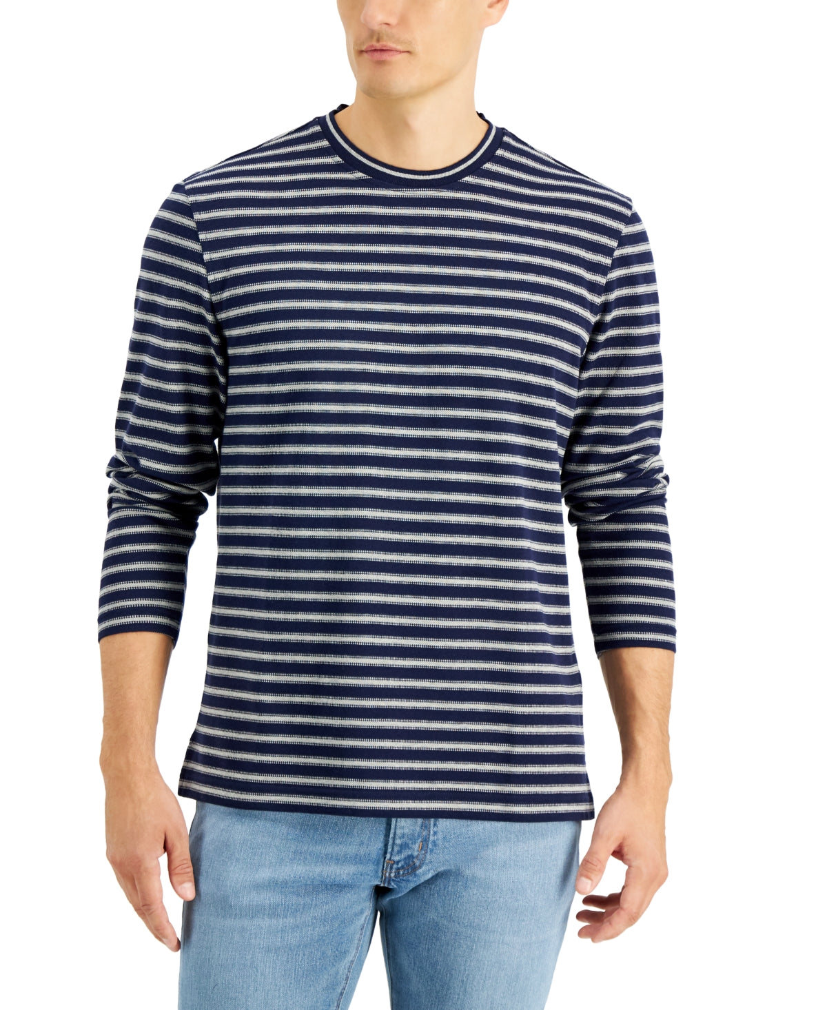 Club Room Mens Pique Striped Crewneck Long Sleeve Shirt Navy Blue White XL