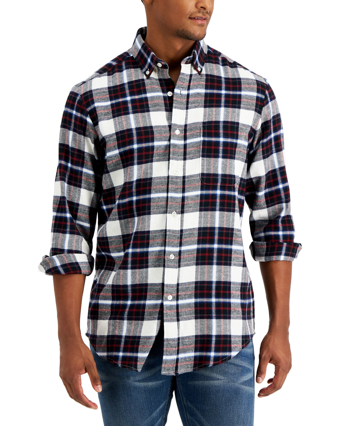 Club Room Mens Buffalo Plaid Button Down Shirt Black White Medium