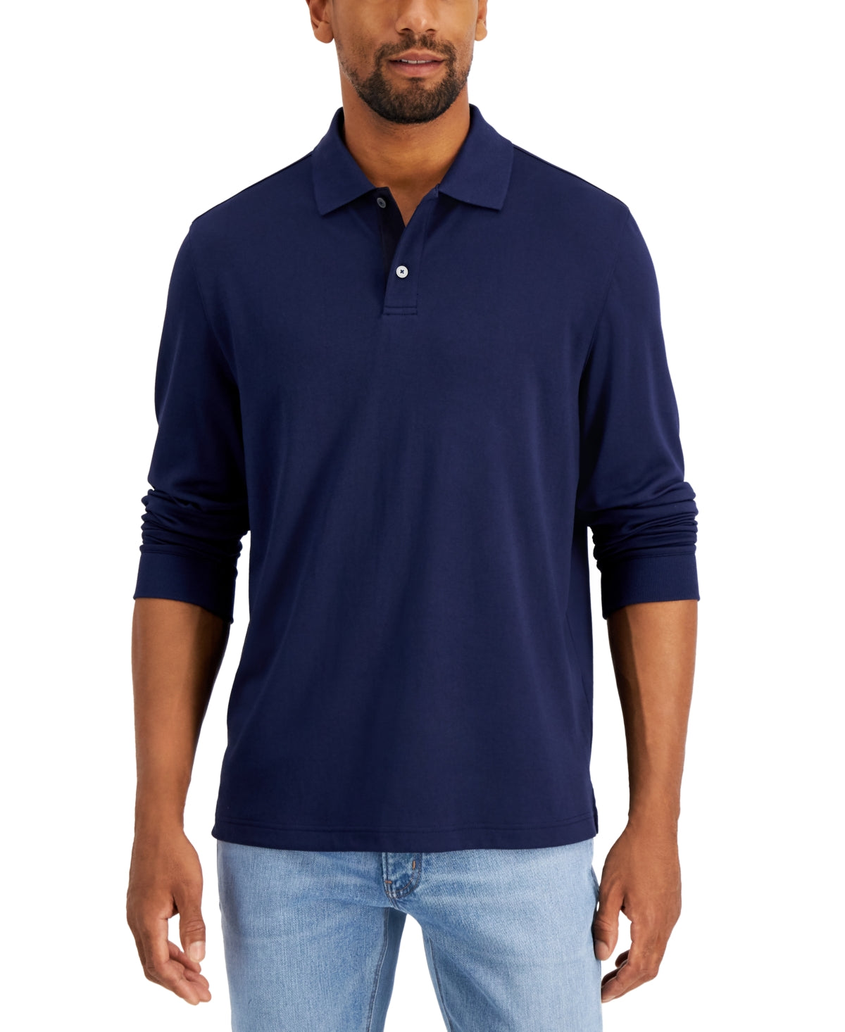 Alfani Men's Regular fit Supima Long Sleeve Polo Shirt Navy Blue Medium