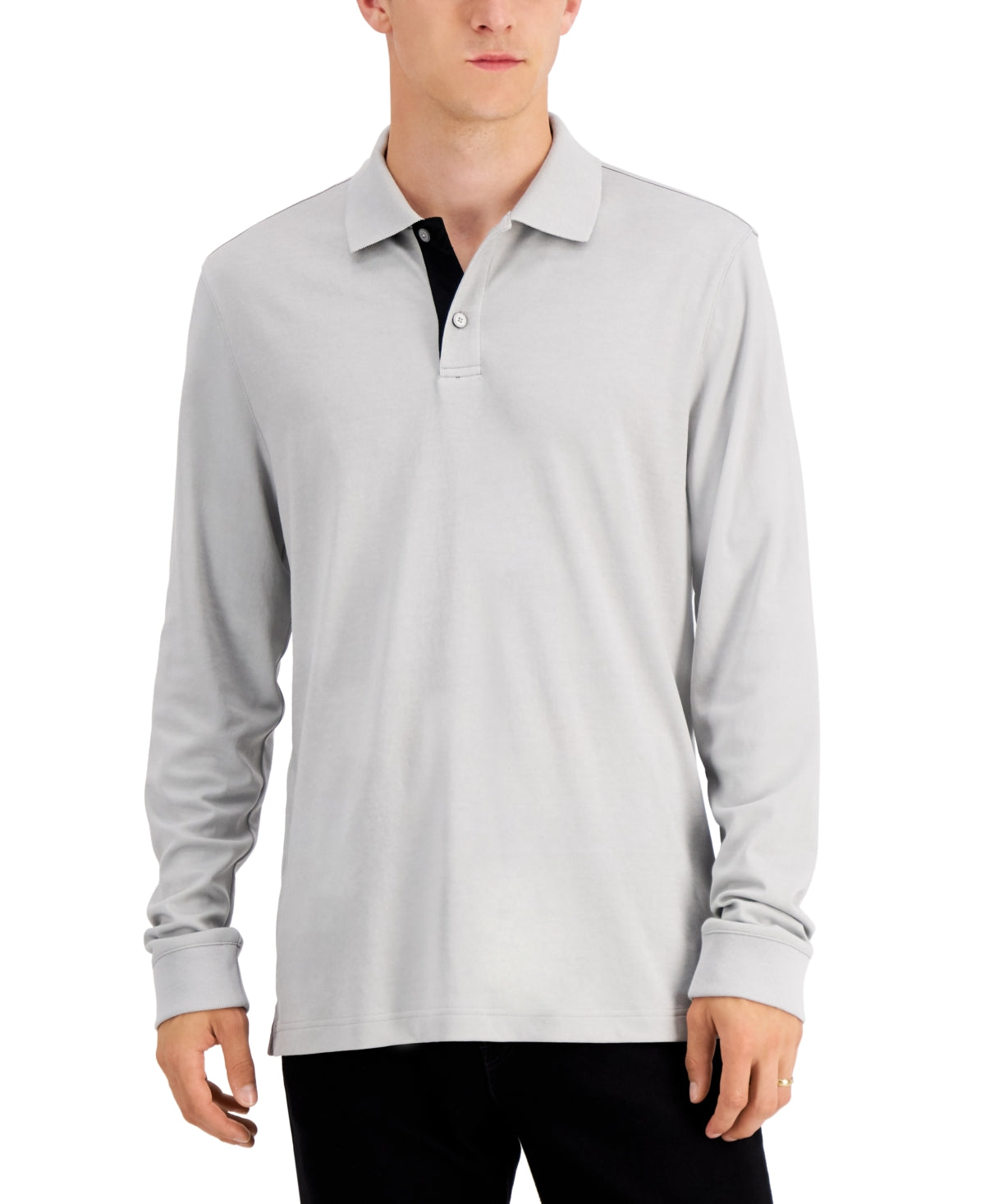 Alfani Mens Regular-Fit Solid Long Sleeve Polo Shirt Grey Heather Small