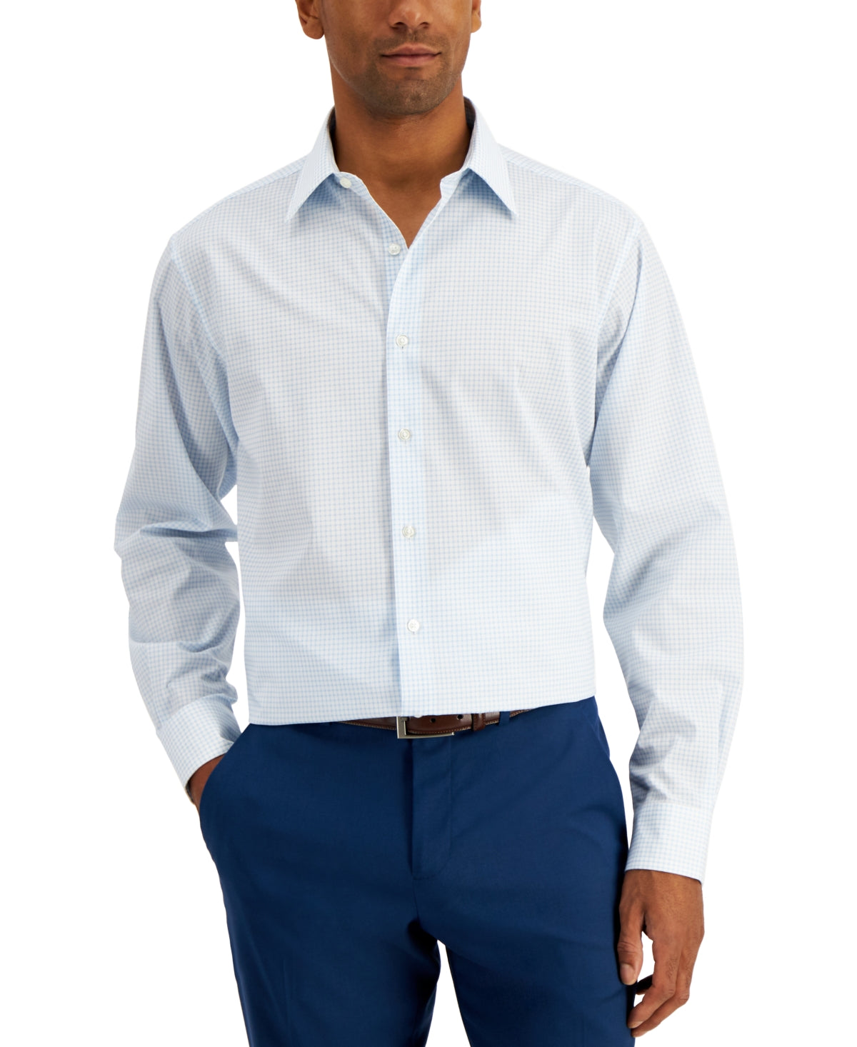 Club Room Men's Regular Fit Check Button Down Dress Shirt Lt Blue Large 15 15.5