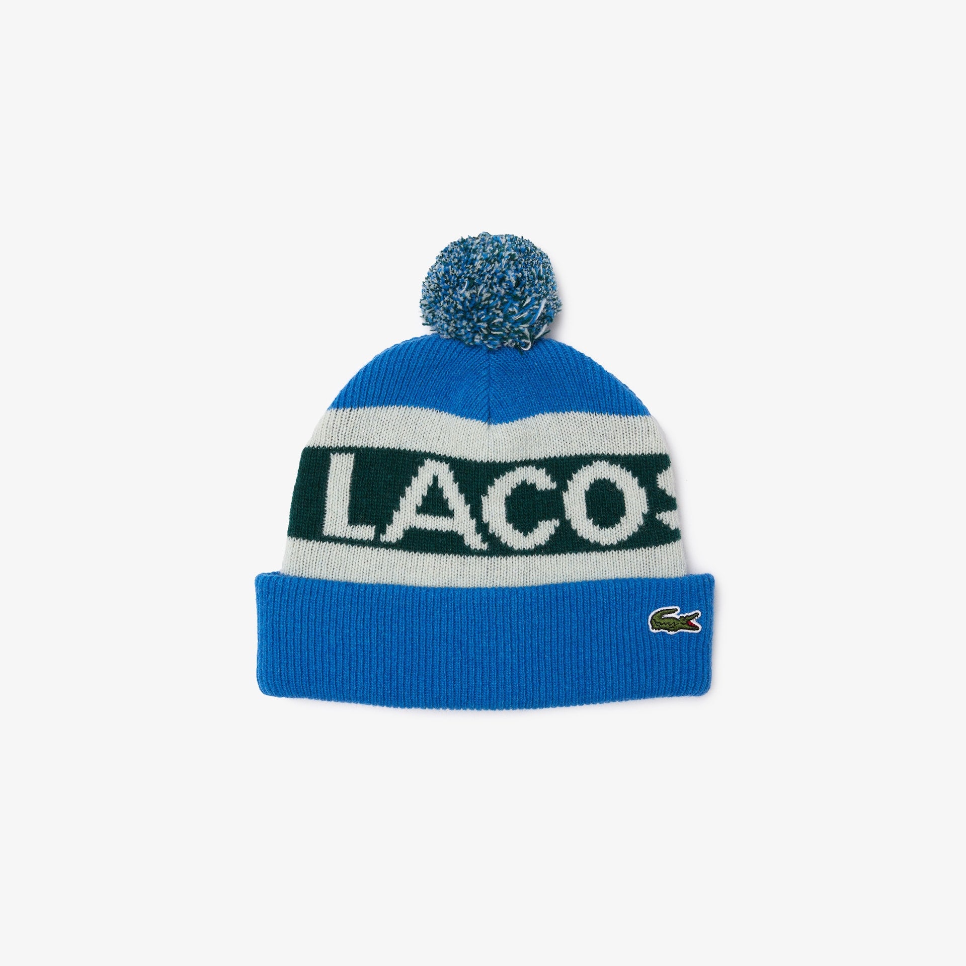 Lacoste L!VE Graphic Wool Blend Pompom Winter Beanie Blue OS