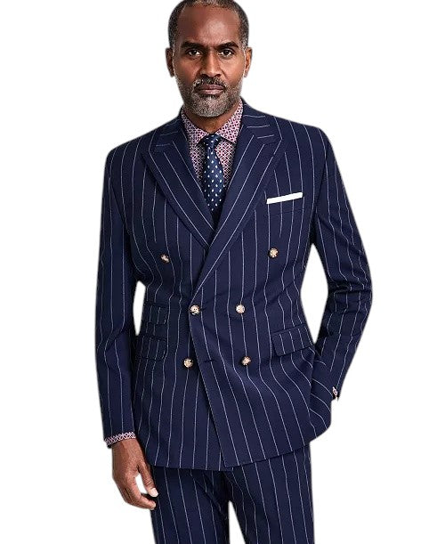Tayion Mens Classic fit Double Breasted Suit Jacket Blazer 42 S Blue Striped
