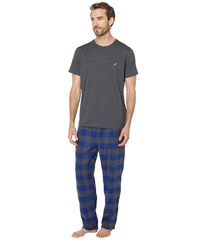 Nautica Mens Flannel Short Sleeve Pajama Pants Set Charcoal Heather Grey Large