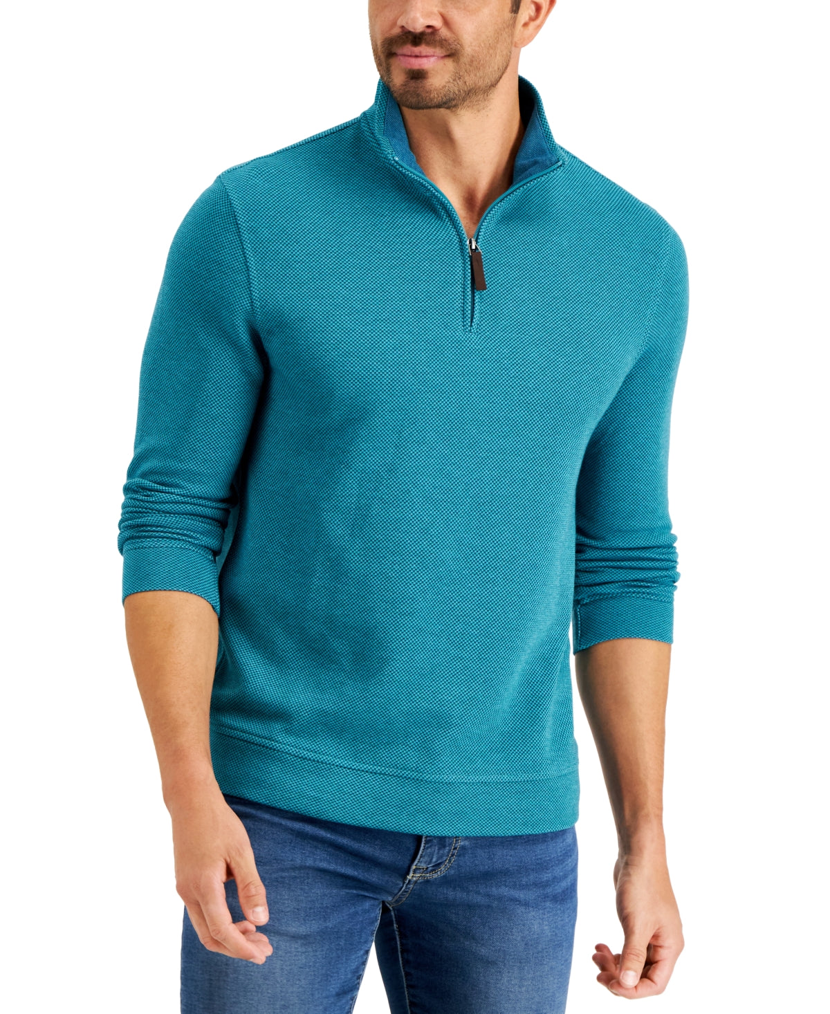 Club Room Mens Birdseye Quarter Zip Sweater Tahitian Teal Blue XL