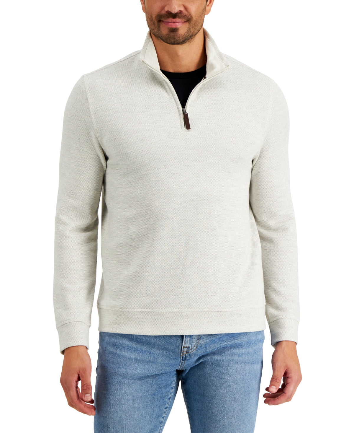 Club Room Men's Birdseye Quarter zip Pullover Sweater Silver Heather Gray Xxl