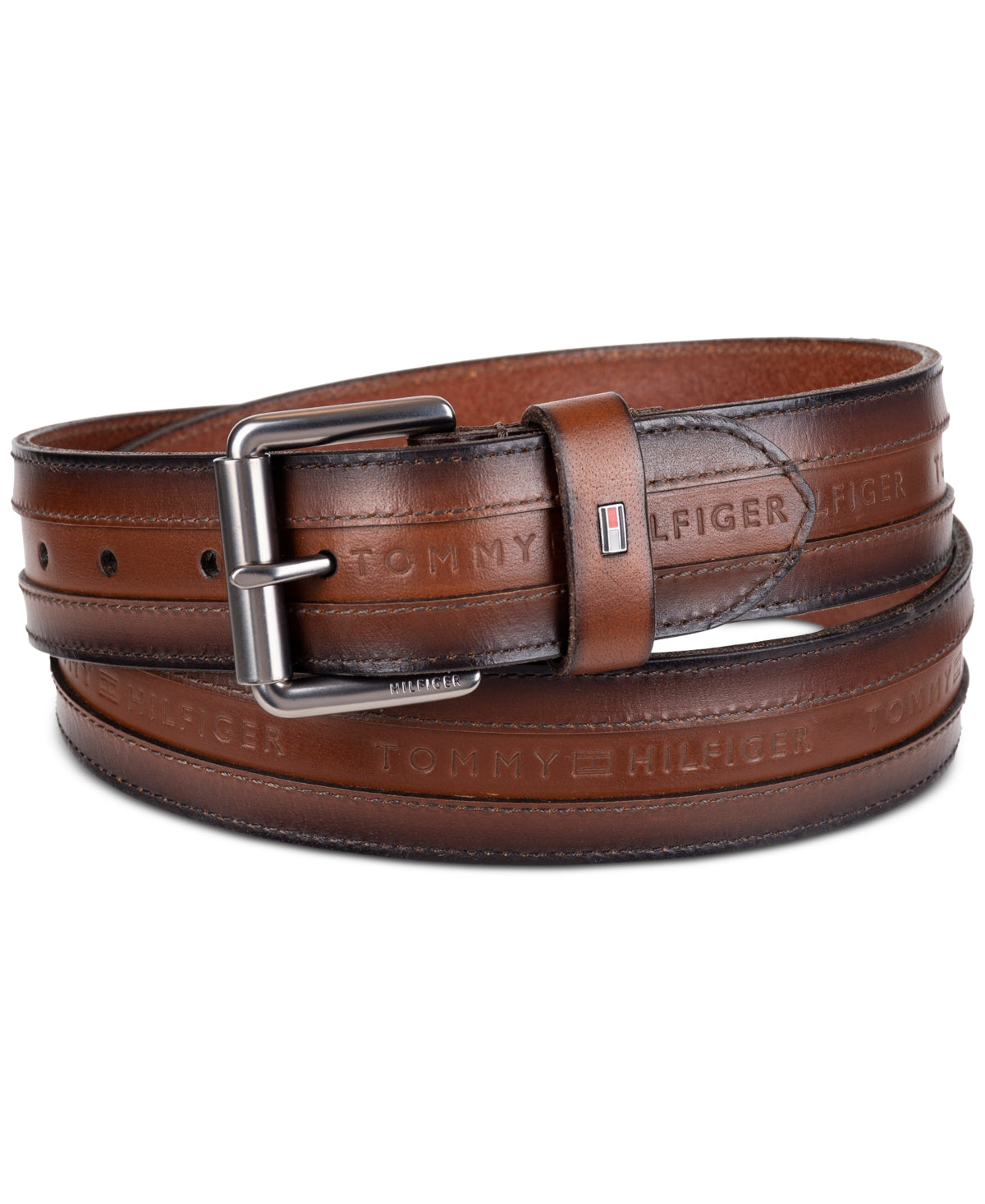 Tommy Hilfiger Men's Tonal Stripe Embossed Leather Belt Brown Small