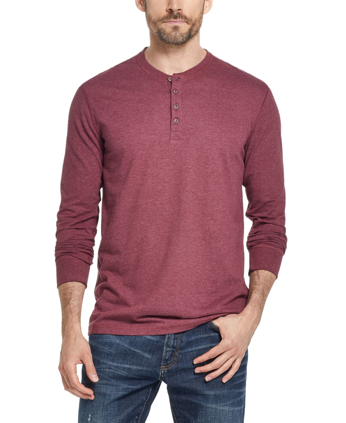 Vintage Mens Weatherproof Long-Sleeve Brushed Jersey Henley T Shirt Cabernet 2XL