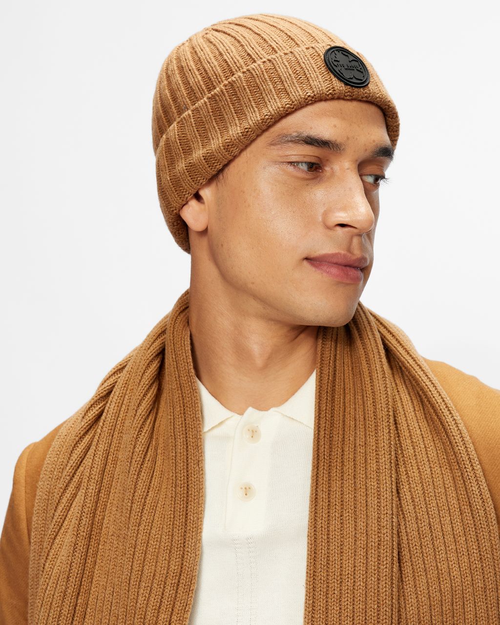 Ted Baker Rib Beanie Hat Tan Unisex One Size Brown