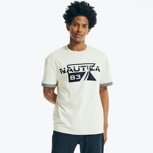 Nautica Men's Logo Graphic Short Sleeve Crewneck T Shirt Beige Medium