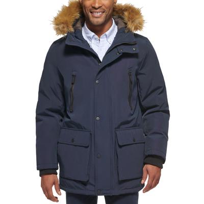 Club Room Mens Parka Coat Faux Fur Hood Small Blue Solid
