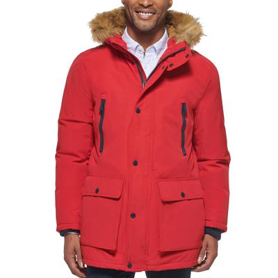 Club Room Mens Parka Coat Large Red Fur Trim Solid