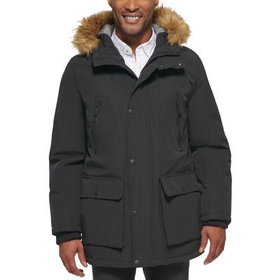 Club Room Mens Parka Coat Faux Fur Hood Large Black Solid