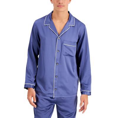 International Concepts Mens Blue Piped Satin Pajama Shirt Long Sleeve Large