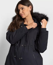 Seraphine Women's Maternity Down Parka Coat US Size 16 Navy Blue Fur Trim Hood