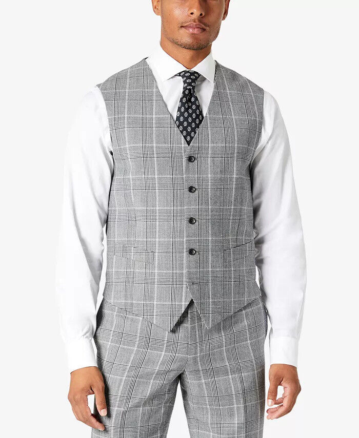 TALLIA Men's Slim-Fit Plaid Suit Vest XXL Black/White