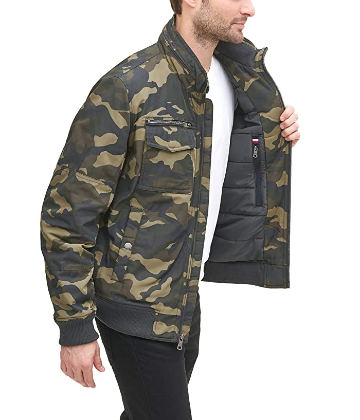Tommy Hilfiger Mens Water Resistant Performance Bomber Jacket 2XL XXL Green Camo