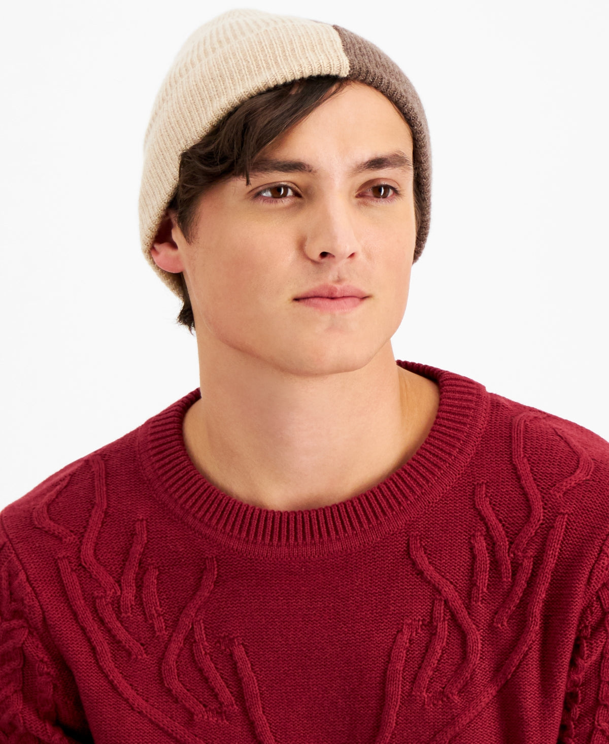 Club Room Men's Tan Color block Beanie Beige Brown Osfa Reg