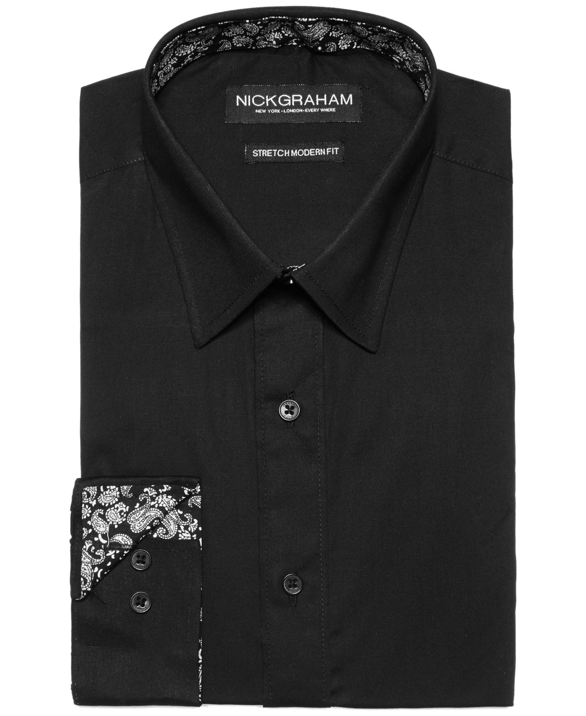 Nick Graham Men's Modern Fit Contrast Button Down Dress Shirt  Black Large 16-16.5 34/35