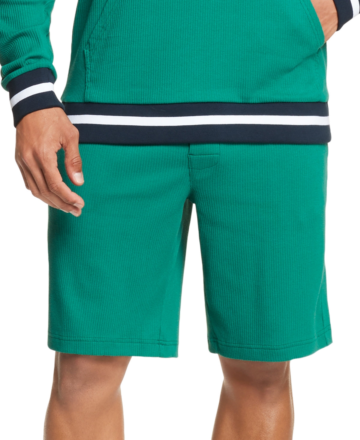 Tommy Hilfiger Men's Ribbed Striped Trim Lounge Sleep Shorts Green Medium