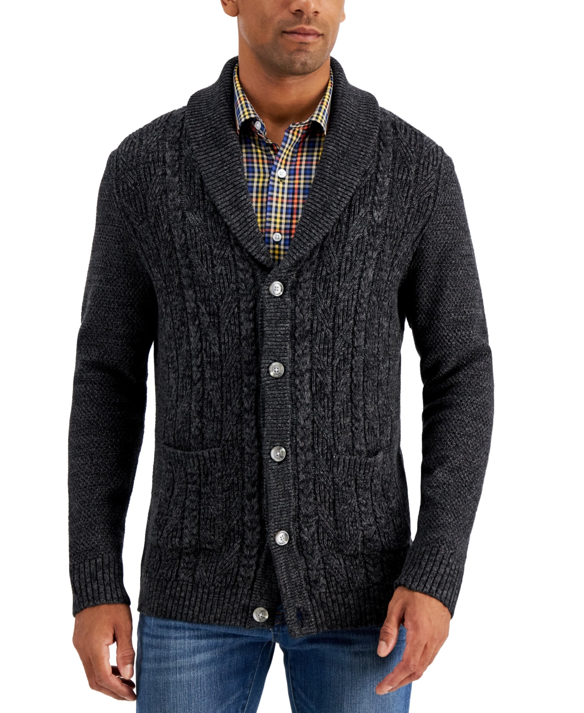 Club Room Men's Chunky Cardigan Deep Black Marled Size Small