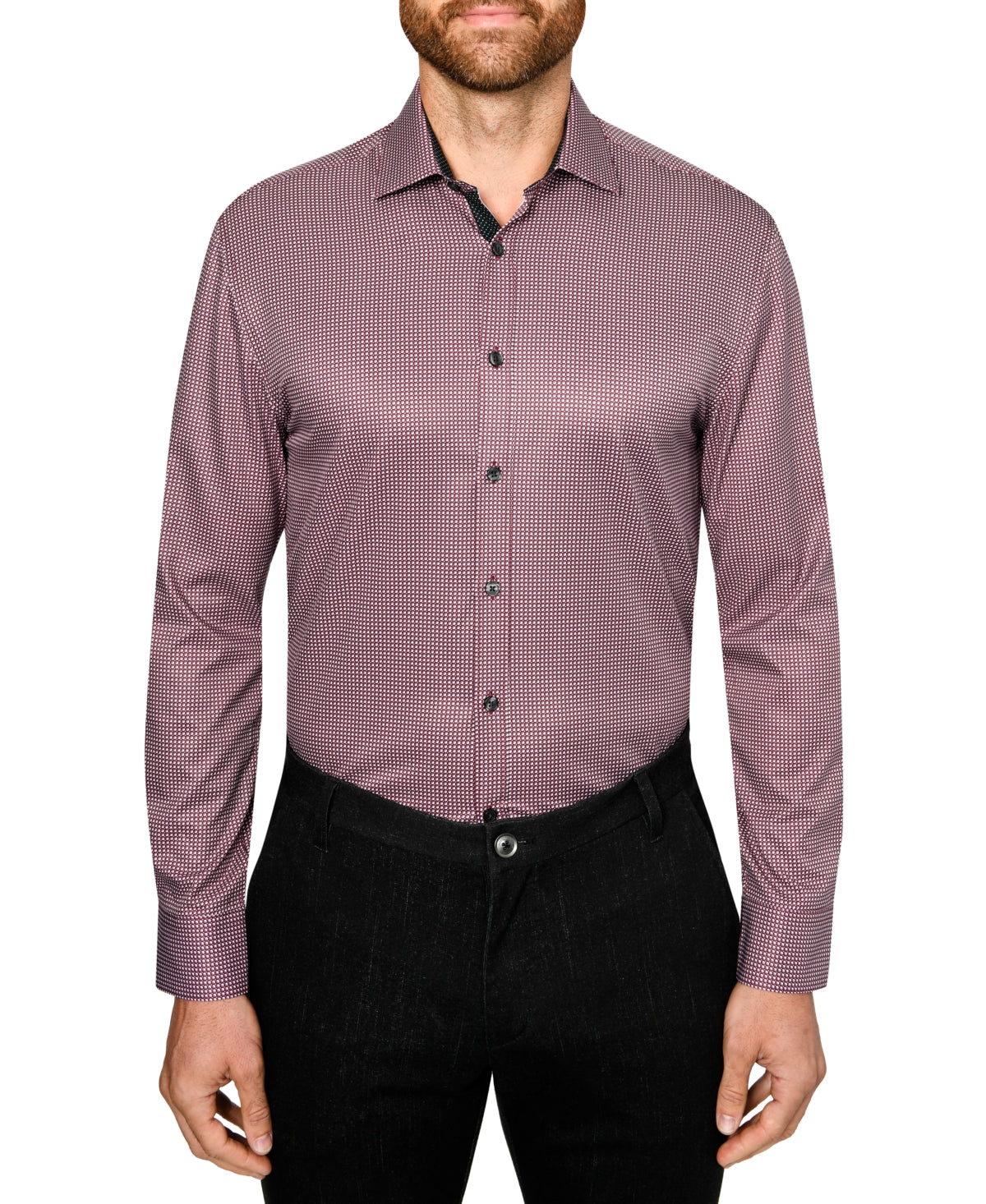Society of Threads Men's Performance Stretch Circle Print Dress Shirt Burgundy Large