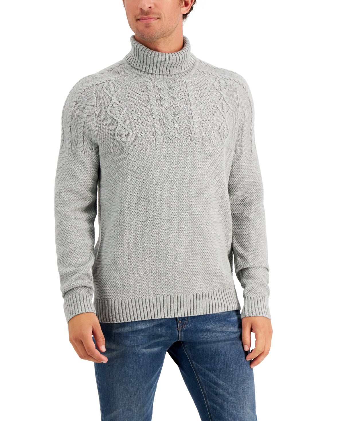 Club Room Men's Chunky Cable Knit Turtleneck Sweater Soft Grey Heather XXL 2XL