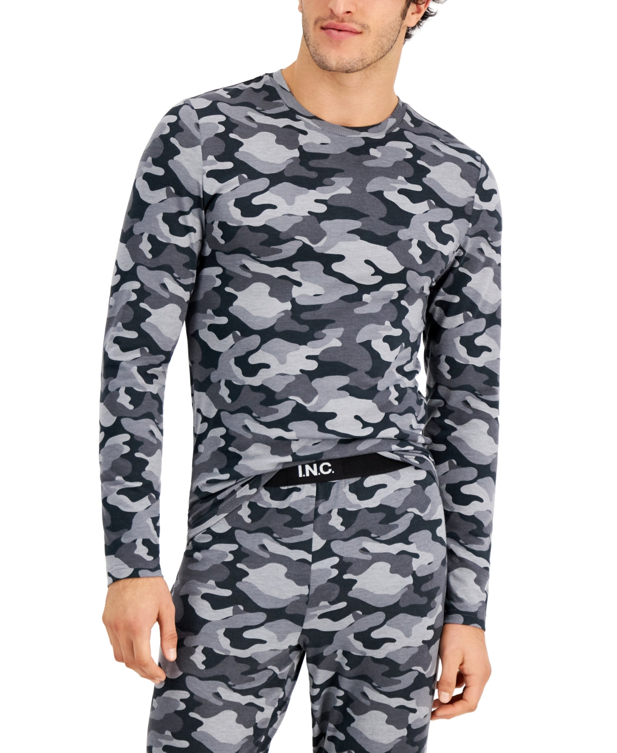 International Concepts Men's Long Sleeve Pajama Shirt Grey Camo Large