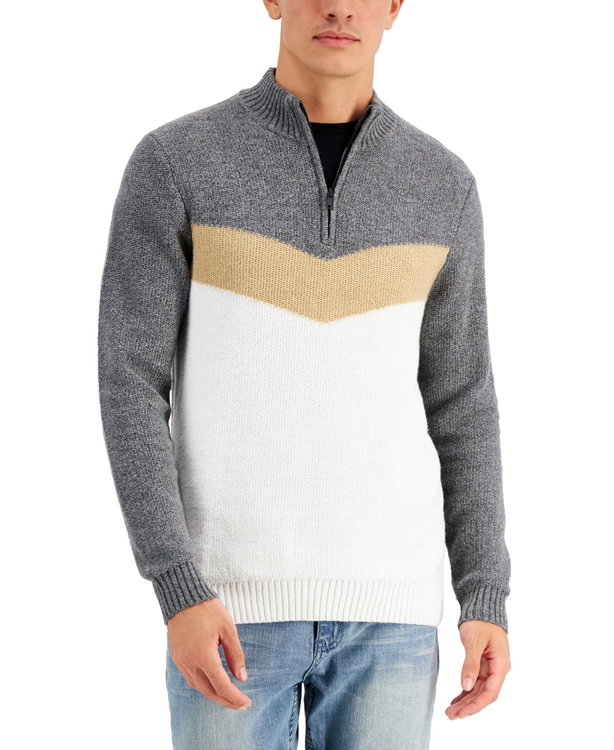 Alfani Men's Chevron Quarter Zip Sweater White Winter Ivory XL