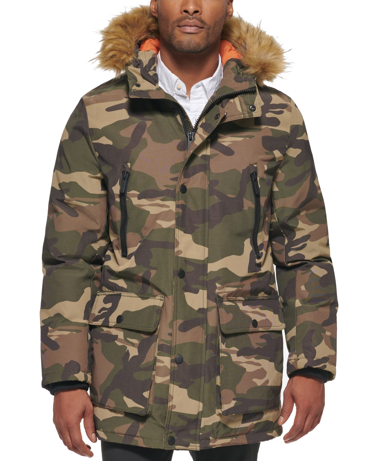 Club Room Mens Parka Coat Small Green Fur Trim Camouflage