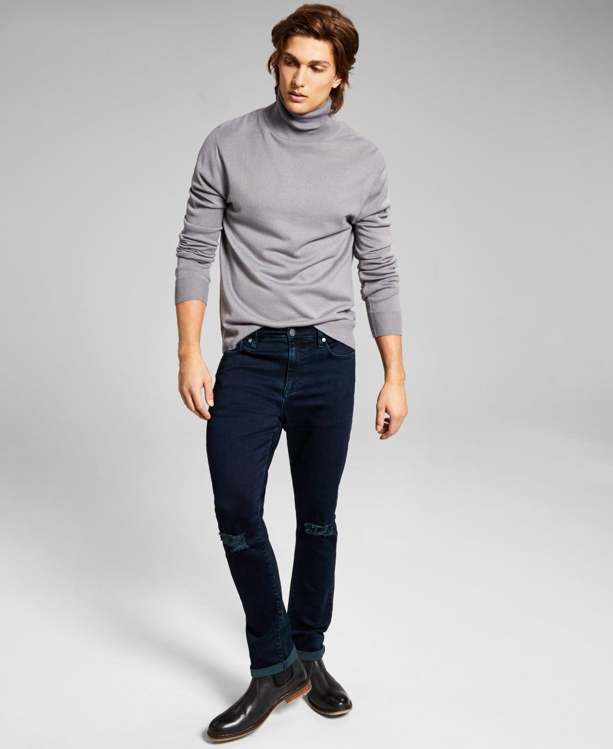 And Now This Mens Solid Grey Turtleneck Sweater Large