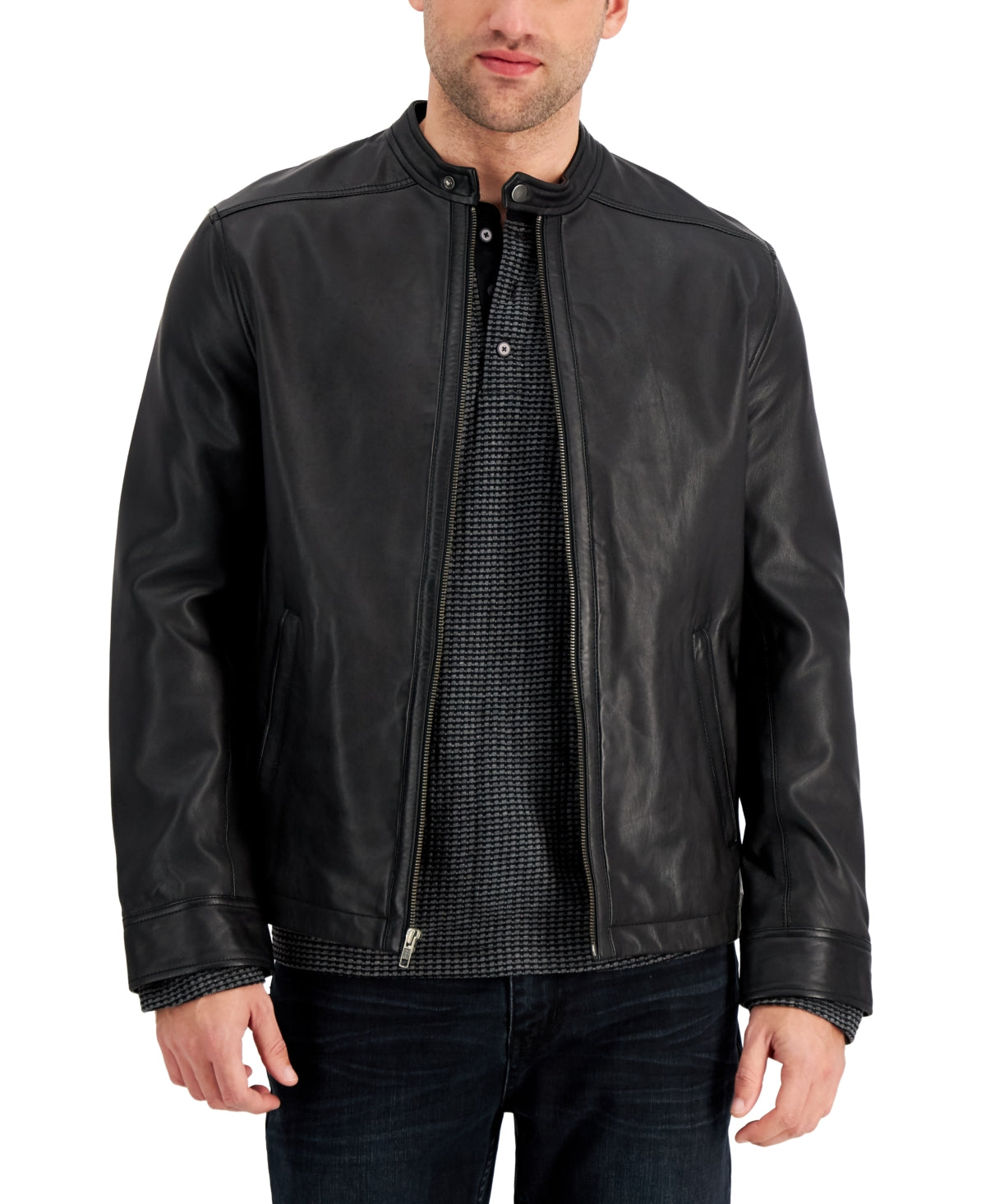 Alfani Men's Pietro Leather Bomber Jacket  Deep Black  Size Large