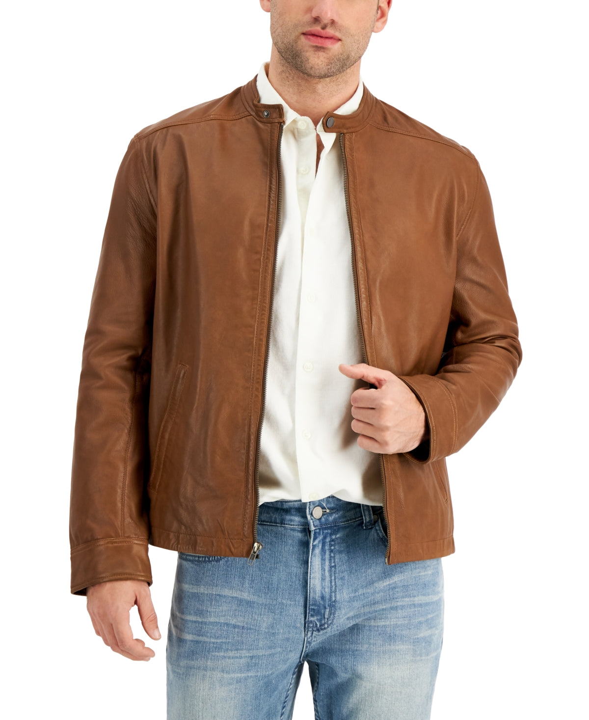 Alfani Mens Pietro Leather Bomber Jacket Coat Cognac Leather Brown Medium